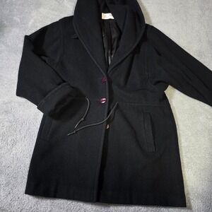Beau Brem Women Large Hooded Overcoat Black Vintage Wool Blend Drawstring Coat
